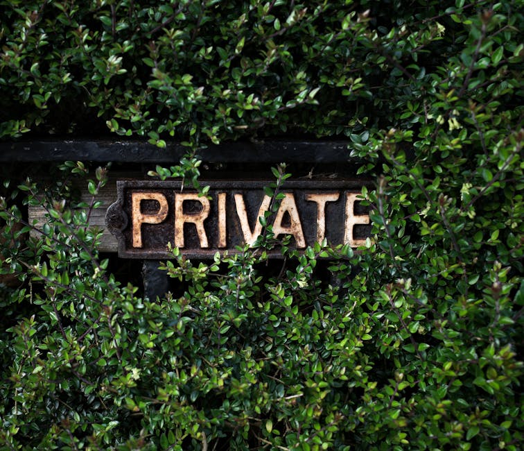 Close-up of a weathered metal sign with the word 'PRIVATE' in raised, rusted letters mounted on a wooden board. The sign is partially obscured by dense, glossy green foliage of small-leaved shrubs and